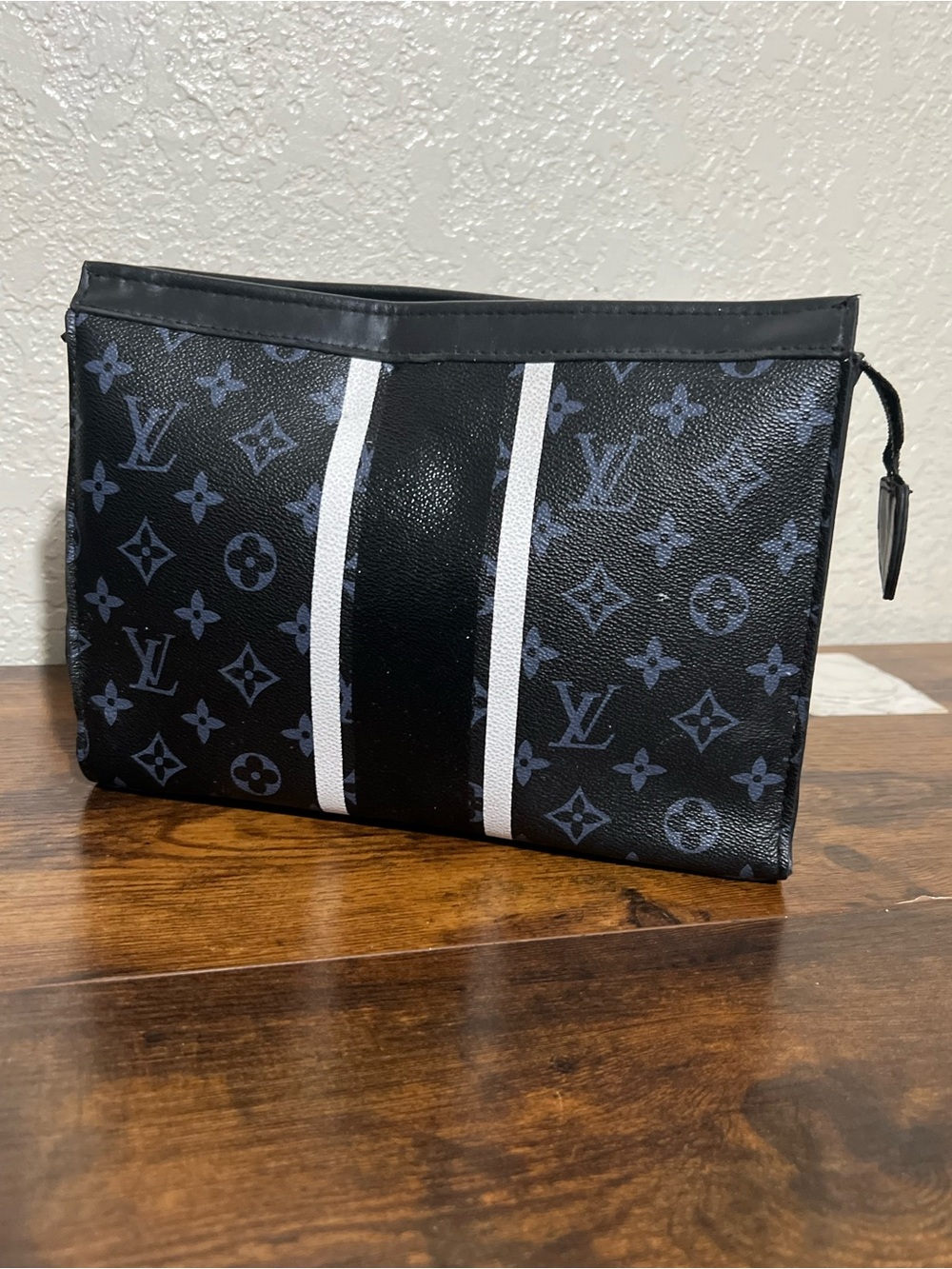 Black Monogram Canvas Toiletry Pouch with White Racing Stripes